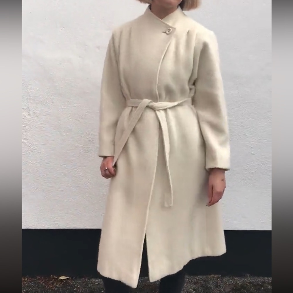 VTG cream mohair wool mod Jackie O jacket trench medium 8 - Picture 2 of 16